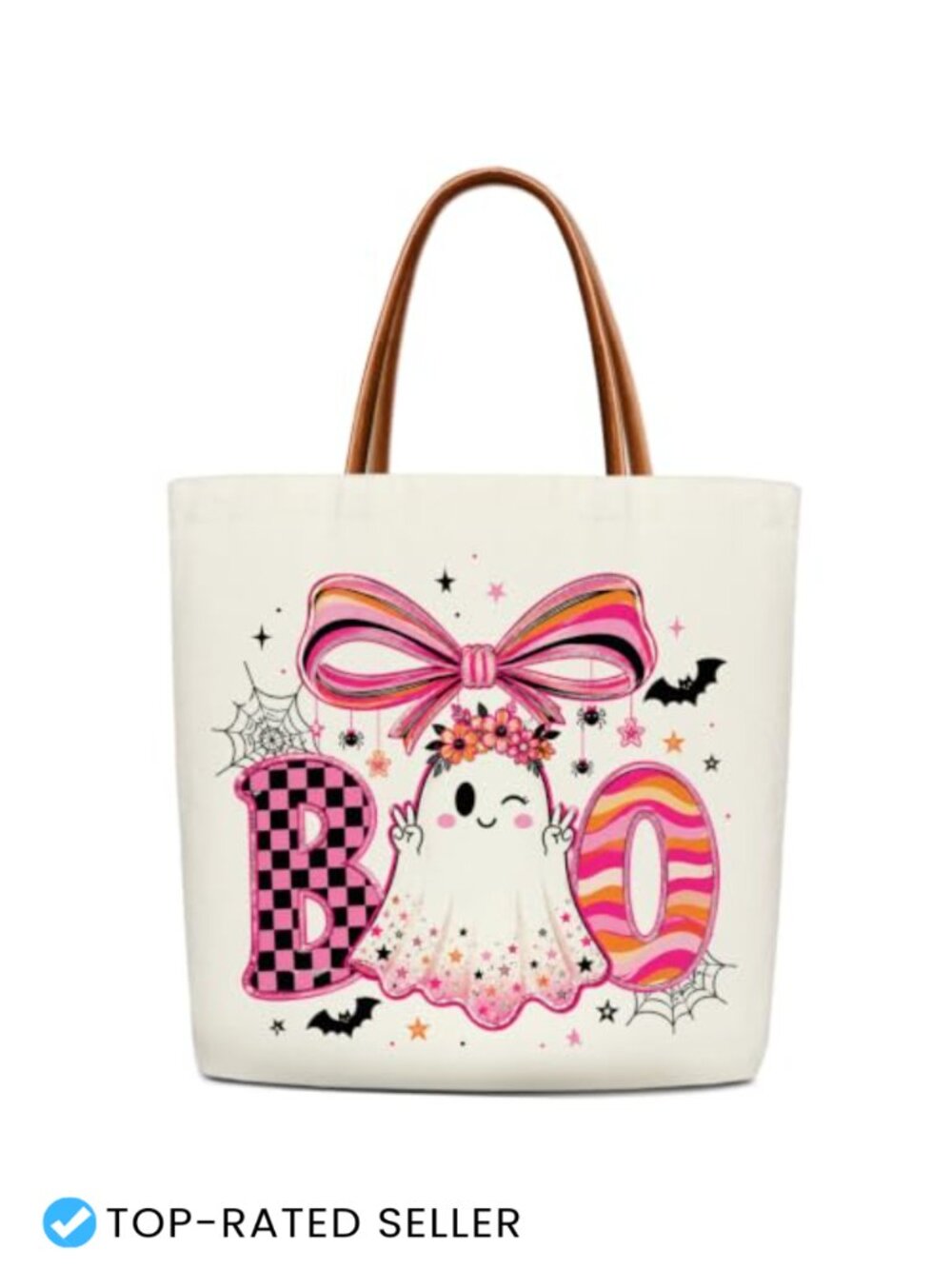 Halloween Canvas Tote Bag with Leather Handles, Large Capacity Reusable Grocery